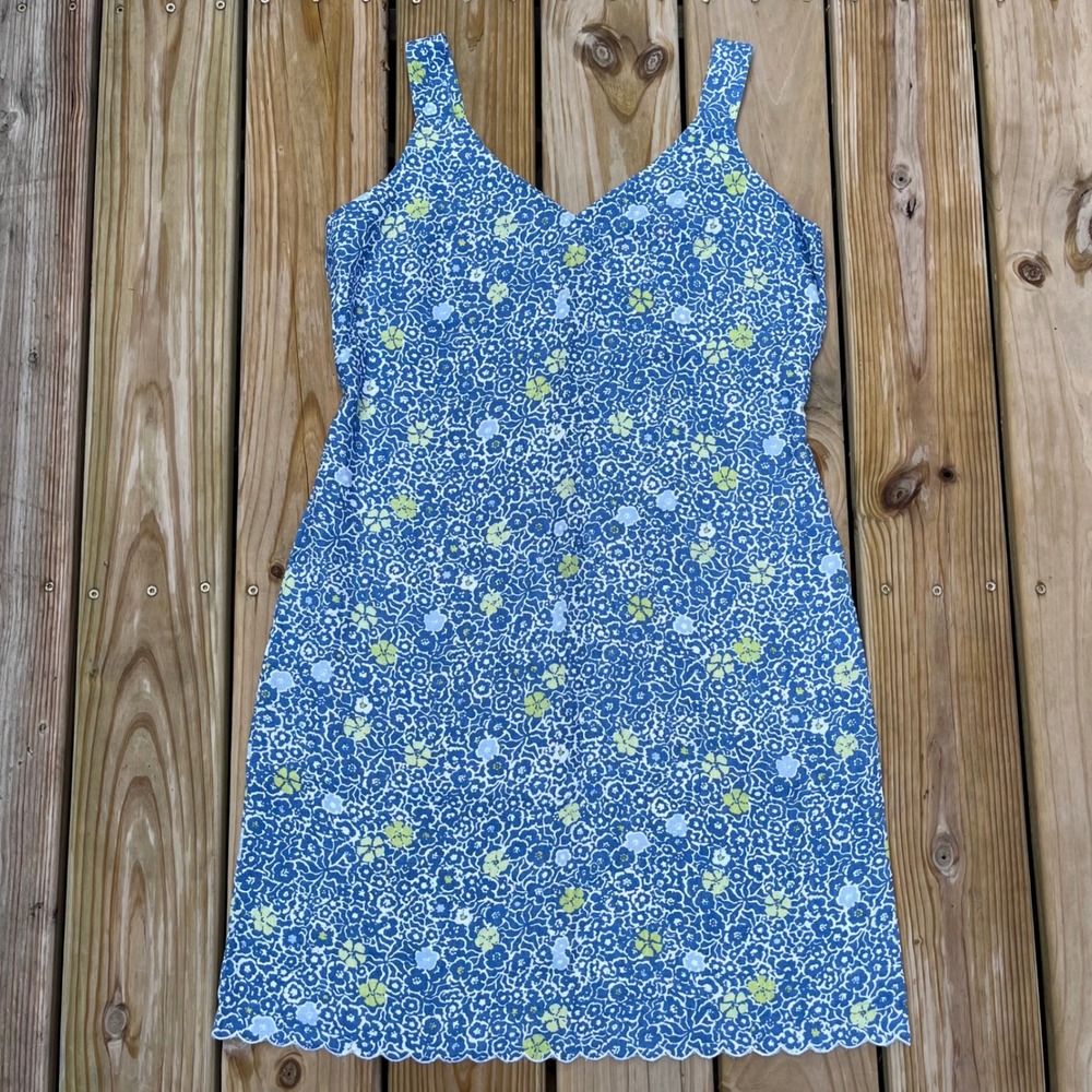 Sigrid Olsen So Blue Dress 100% Linen Flax Sleeveless Blue Floral Scallop Hem 12